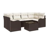 QJBSAVVA Ensemble de Canapé de Jardin 7 Pièces en Polyrotin Marron, Salon de Jardin Modulable avec Table Basse en Verre et Coussins pour Terrasse et Balcon, 234 x 122,5 x 85 cm