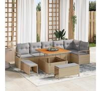 QJBSAVVA Ensemble de canapé de jardin 9 pièces en polyrotin beige avec bois d'acacia modulaire, 8 places, résistant aux intempéries, pour terrasse, balcon
