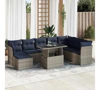 QJBSAVVA Ensemble de canapé de jardin 9 pièces en polyrotin gris avec coussins bleu marine - Modulable - 62 x 62 x 69 cm - Design robuste avec espace de rangement pour jardin, balcon, terrasse