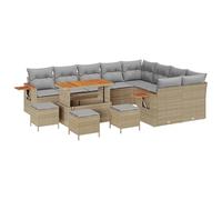 QJBSAVVA Ensemble de Canapé de Jardin Modulable 14 Pièces, Salon de Jardin en Résine Tressée Polyrotin et Bois d'Acacia, avec Coussins Déhoussables et Table Basse, Beige et Gris Clair