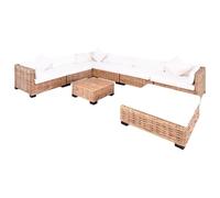 QJBSAVVA Ensemble de Canapés 27 Pièces en Rotin Naturel et Bois d'Acajou, Salon Complet Modulable avec Canapés d'angle, Table Basse, Pouf et Coussins Crème pour l'Intérieur