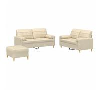 QJBSAVVA Ensemble de Canapés 3 Pièces avec Coussins, Canapé 2 Places Grand et Petit avec Pouf Repose-Pied, Salon Moderne en Tissu Crème, Structure Métal et Contreplaqué