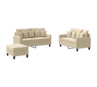 QJBSAVVA Ensemble de Canapés 3 Pièces avec Coussins Crème, Salon Complet en Tissu avec 2 Canapés 2 Places et Pouf Repose-Pied, Meuble de Salon en Métal et Contreplaqué