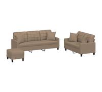 QJBSAVVA Ensemble de Canapés 3 Pièces en Similicuir Cappuccino, Salon Complet avec Canapé 2 Places, Canapé 3 Places, Pouf Repose-Pied et Coussins pour Salon et Bureau