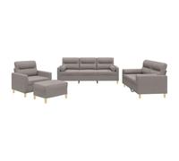 QJBSAVVA Ensemble de Canapés 4 Pièces avec Canapé 3 Places, Canapé 2 Places, Fauteuil et Pouf Repose-Pied, Salon Complet en Tissu avec Coussins Décoratifs Cylindriques, Taupe