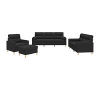 QJBSAVVA Ensemble de Canapés 4 Pièces avec Fauteuil, Canapé 2 Places, Canapé 3 Places et Pouf Repose-Pied, Salon Complet en Tissu Noir et Métal pour Salon et Bureau