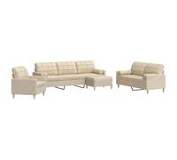 QJBSAVVA Ensemble de Canapés 4 Pièces en Tissu Crème avec Cadre Métal, Salon Complet avec Canapé 3 Places, 2 Places, Fauteuil, Repose-Pied et Coussins Décoratifs pour Espace Détente
