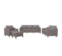 QJBSAVVA Ensemble de Canapés 4 Pièces, Salon Complet avec Canapés 3 et 2 Places, Fauteuil et Pouf Repose-Pied en Tissu Taupe, Cadre Métal et Bois pour Séjour et Bureau