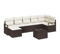 QJBSAVVA Ensemble de Canapés de Jardin 8 Pièces en Polyrotin Marron et Crème, Salon de Jardin Modulaire avec Table, Pouf et Coffres de Rangement Intégrés pour Terrasse et Balcon