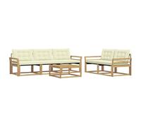 QJBSAVVA Ensemble de Canapés d'Extérieur 6 Pièces en Bois d'Acacia Massif, Salon de Jardin Modulable 5 Places avec Table Basse et Coussins Crème pour Terrasse et Balcon