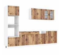 QJBSAVVA Ensemble de Meubles de Cuisine 7 Pièces Kalmar, Cuisine Complète avec Armoire Murale, Meuble Bas pour Lavabo et Placard, Bois d'Ingénierie et Verre, Couleur Vieux Bois