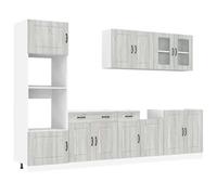 QJBSAVVA Ensemble de Meubles de Cuisine 7 Pièces Kalmar, Cuisine Complète Modulable en Bois d'Ingénierie, Armoires Basses et Murales de Rangement, Couleur Gris Sonoma