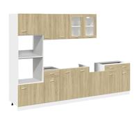 QJBSAVVA Ensemble de Meubles de Cuisine 7 Pièces Lyon, Cuisine Complète en Bois d'Ingénierie Chêne Sonoma avec Meuble Bas, Meuble Suspendu, Vitrine et Armoire Micro-Ondes