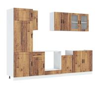 QJBSAVVA Ensemble de Meubles de Cuisine 8 Pièces Kalmar, Armoires de Cuisine Complète en Bois d'Ingénierie et Verre, Placard de Rangement Bas et Haut, Coloris Vieux Bois