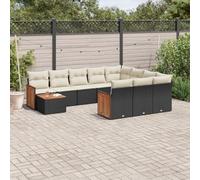 QJBSAVVA Ensemble de meubles de jardin 11 pièces - En polyrotin - Noir - Avec plateau en bois d'acacia - Résistant aux UV - Modulable - Peu encombrant - Pour balcon, terrasse et cour