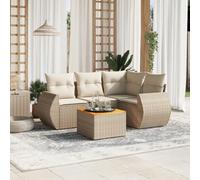 QJBSAVVA Ensemble de meubles de jardin 5 pièces en polyrotin beige avec table en bois d'acacia de 70 cm de large, canapé d'angle, canapé central, canapé à accoudoirs, espace de rangement modulaire