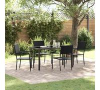QJBSAVVA Ensemble de meubles de jardin 5 pièces - En polyrotin - Noir - Plateau en verre - 4 chaises empilables - Design moderne - Robuste et durable - Pour balcon, terrasse, jardin