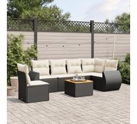 QJBSAVVA Ensemble de meubles de jardin 7 pièces - Canapé d'angle en polyrotin noir - Canapé central avec accoudoirs - Table en bois d'acacia - 55 x 55 cm - Salon d'extérieur modulaire pour balcon