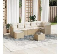 QJBSAVVA Ensemble de meubles de jardin 8 pièces en rotin beige 145 x 145 cm - Canapé d'angle moderne en plastique rotin avec plateau en verre et coussins amovibles - Robuste et durable - Pour balcon