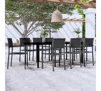 QJBSAVVA Ensemble de meubles de jardin 9 pièces - 200 x 100 cm - Noir - Table à manger d'extérieur avec 8 chaises - Acier revêtu par pulvérisation - Aspect rotin - Peu encombrant - Pour balcon