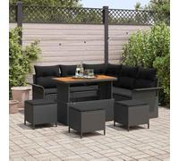 QJBSAVVA Ensemble de meubles de jardin 9 pièces - En polyrotin noir - Avec table en bois d'acacia - 110 x 55 x 71 cm - Robuste et moderne - Pour petits balcons et grands jardins