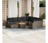 QJBSAVVA Ensemble de meubles de jardin de 11 pièces en rotin synthétique avec table en bois d'acacia - Coussins amovibles - Canapé modulaire - Banc d'angle - Coin d'assise - Gris - Peu encombrant