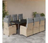 QJBSAVVA Ensemble de meubles de jardin en polyrotin 9 pièces 200 x 100 cm avec chaises réglables et plateau en verre beige pour balcon, terrasse et jardin