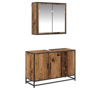 QJBSAVVA Ensemble de Meubles de Salle de Bain 2 Pièces, Meuble sous Vasque 90 cm et Armoire Miroir 65 cm, Rangement Mural Suspendu en Bois d'Ingénierie, Couleur Bois Ancien