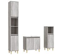 QJBSAVVA Ensemble de Meubles de Salle de Bain 3 Pièces avec Meuble sous Vasque et 2 Armoires Colonnes sur Pieds en Bois d'Eucalyptus, Rangement pour Cabinet de Toilette, Sonoma Gris