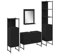 QJBSAVVA Ensemble de Meubles de Salle de Bain 4 Pièces avec Armoire sous Vasque, Colonne Haute, Petit Meuble de Rangement et Miroir en Bois d'Ingénierie, Design Moderne Noir
