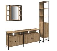 QJBSAVVA Ensemble de Meubles de Salle de Bain 4 Pièces en Bois d'Ingénierie Chêne Artisanal, Set de Rangement Moderne avec Armoire Miroir, Deux Meubles sous Vasque et Colonne Haute