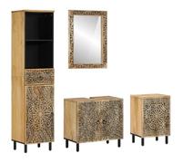 QJBSAVVA Ensemble de Meubles de Salle de Bain 4 Pièces, Meuble sous Vasque, Armoire Haute et Basse avec Miroir, Bois de Manguier Massif avec Motif Sculpté à la Main, Naturel