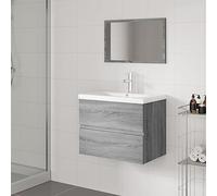 QJBSAVVA Ensemble de meubles de salle de bain, gris, sonoma avec miroir et lavabo en céramique, 60 cm, en matériau dérivé du bois, meuble bas avec tiroir et fonction trop-plein, design moderne pour