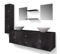 QJBSAVVA Ensemble Meuble de Salle de Bain 9 Pcs Noir - Meuble sous-Vasque Suspendu avec 2 Tiroirs, 2 Armoires Murales, 2 Miroirs, 2 Etagères et 2 Vasques Rondes en Céramique