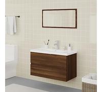 QJBSAVVA Ensemble meuble de salle de bain, marron, aspect chêne avec lavabo, miroir et bac de rangement en céramique, 80 cm, design moderne, pour salle de bain et WC