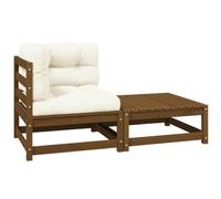 QJBSAVVA Ensemble salon de jardin 2 pièces en pin massif marron miel avec coussins d'assise couleur crème, canapé d'angle et tabouret modulable pour balcon, terrasse et petit coin salon d'extérieur