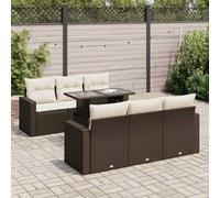 QJBSAVVA Ensemble salon de jardin 7 pièces - Marron - 100 x 55 x 44/73 cm - En polyrotin - Avec table basse à manger réglable en hauteur en continu et coussin résistant aux intempéries - Pour terrasse