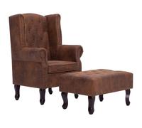 QJBSAVVA Fauteuil Chesterfield et Repose-Pieds, Chaise de Salon Capitonnée en Similicuir Daim Marron, Fauteuil de Relaxation avec Cadre en Bois pour Séjour, 78 x 67 x 108 cm
