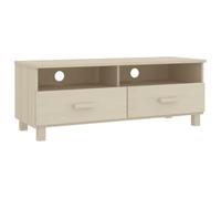 QJBSAVVA Hamar - Meuble TV - Marron miel - 106 x 40 x 40 cm - En pin massif et MDF - 2 tiroirs - Découpe de câble - Meuble bas moderne pour salon, couloir et chambre à coucher