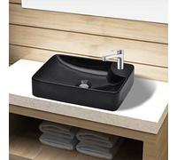 QJBSAVVA Lavabo en céramique, noir, 44 x 25 cm, surface brillante, design moderne avec trou pour robinet, pour salle de bain, buanderie et salle de maquillage