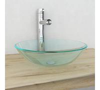 QJBSAVVA Lavabo en verre trempé transparent de 42 cm avec trou de vidange de 4,5 cm - Robuste et facile d'entretien - Pour salle de bain, buanderie et toilettes pour femme