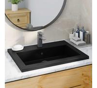 QJBSAVVA Lavabo noir 600 x 450 x 120 mm avec trop-plein, en granit, à poser, design moderne, pour salle de bain, WC et vestiaire