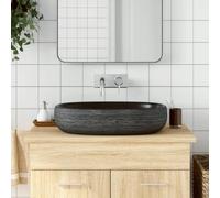 QJBSAVVA Lavabo ovale à poser, gris, noir, 59 x 40 x 14 cm, en céramique, fabriqué à la main, avec motif vintage, robuste et facile à nettoyer, pour salle de bain et buanderie