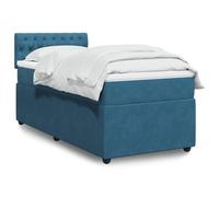 QJBSAVVA Lit 90x200 cm + sommier + Matelas Ressorts ensachés, Velours Bleu, Bois contreplaqué, Dossier 100,5 cm, ado/Adulte