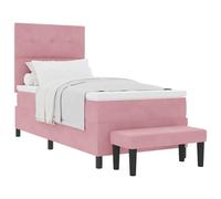 QJBSAVVA Lit à Ressorts 100x200 cm Boxspring Velours Rose avec Banc | Ensemble de lit complet pour chambre à coucher avec tête de lit en velours doux, surmatelas et banc rembourré assorti.