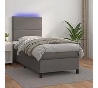 QJBSAVVA Lit à sommier tapissier 90 x 190 cm avec LED et matelas, tête de lit en cuir synthétique réglable en hauteur, gris, ressorts ensachés