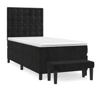 QJBSAVVA Lit Boxspring 80x200 cm en Velours Noir avec Matelas et Banc | Ensemble de chambre à coucher comprenant un cadre de lit en velours avec sommier, surmatelas et banc bout de lit.