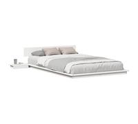 QJBSAVVA Lit double en bois de 135 x 190 cm avec table de chevet et tête de lit, cadre de lit bas en pin massif, lit futon, marron