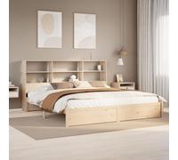 QJBSAVVA Lit double en pin massif avec bibliothèque, tête de lit, 180 x 200 cm, cadre à lattes moderne, design rustique, chambre d'adolescent, chambre à coucher