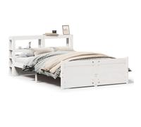 QJBSAVVA Lit en bois - 135 x 190 cm - Blanc - Cadre de lit en pin massif avec tête de lit, étagère et sommier à lattes - Lit double stable en bois massif et futon pour chambre à coucher
